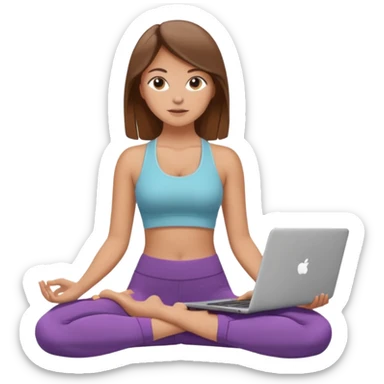 A white girl with brown hair who works remotely through her laptop and enjoys yoga sticker