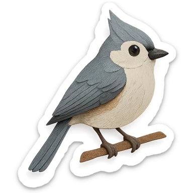 tufted titmouse on a branch, layered paper details, gray and white plumage, large black eyes, naturalistic pose sticker