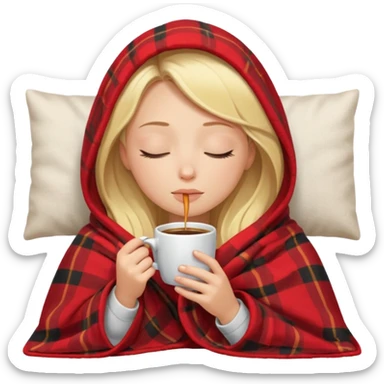 Blonde girl inside a blanket sipping coffee eyes closed sticker