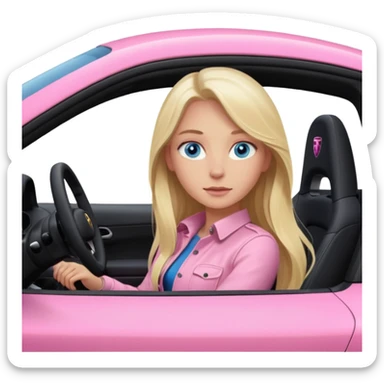 pink Porsche taycan with blonde girl, long hair, blue eyes, sitting in the car, girl in the driver seat, front view point of view, no sunglasses sticker
