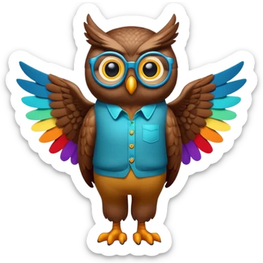 friendly anthropomorphised night owl with wings instead of arms, colourful pants and shirt, wearing glasses, walking upright, night owl features and colours, unique pose 1 sticker