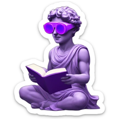 an EMOJI OF A ancient young greek statue reading a book, wearing VR glasses, purple colors, DIGITAL UNIVERSE sticker