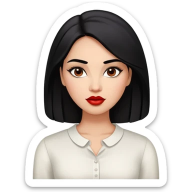 Young fuller-figured woman with oval face, high cheekbones, brown skin, dark brown eyes, thick eyebrows, red lipstick, long straight black hair, slightly plump, wearing a white blouse sticker