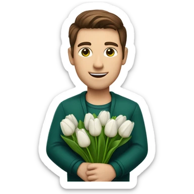 man with brown hair and green eyes holding a bouquet of white tulips sticker
