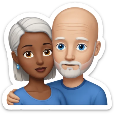 Talk bald white man with a white beard and blue eyes lovingly holding a black woman with brown eyes and grey hair sticker