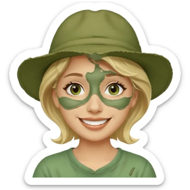 messy green clay mask and tourist hat blond braided woman big eyes smiling and clay mask on face sticker