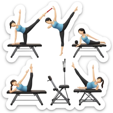 Generate emojis depicting various Pilates exercises and equipment, featuring an Asian female. Include emojis for mat Pilates poses like the Hundred, Roll - up, and Single - Leg Stretch. Also, create emojis for Pilates equipment such as the Reformer, Cadillac, and Wunda Chair. The Asian female should be shown performing the exercises with proper form and expression. sticker