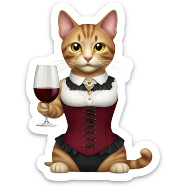 A cat in a burgundy corset with a glass of wine sticker