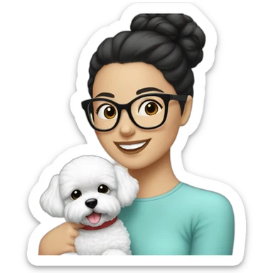 woman-black-hair-bun-with glasses-with bichon dog-white-smile-Christmas sticker