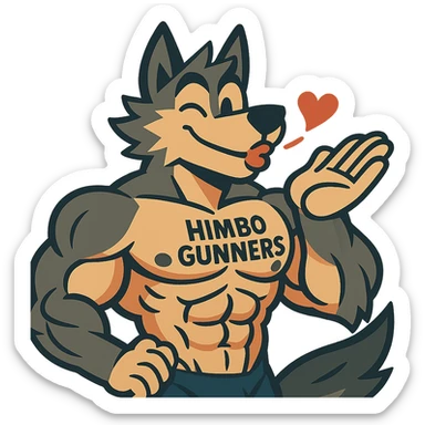 super buff wolf furry, shirtless, with 'Himbo Gunners' tattooed on his pecs, blowing a kiss and winking, happy and flirty, highly defined and detailed muscles, ultra high quality sticker