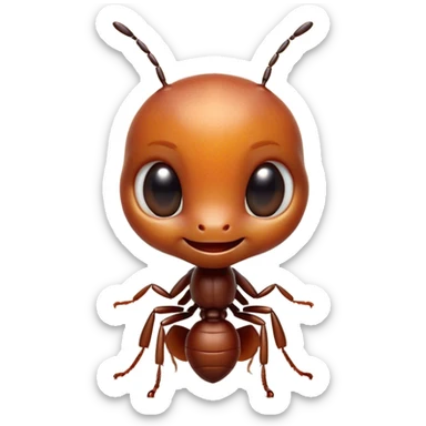 Cinematic Cute Ant Portrait Emoji, Head tilted playfully and inquisitively, featuring a minuscule, charming body with a delicately textured exoskeleton and round, sparkling eyes brimming with curious mischief, Simplified yet irresistibly adorable features, highly detailed, glowing with a warm, inviting earthy glow, high shine, affectionate and lively, stylized with a touch of whimsical industrious charm, soft glowing outline, capturing the essence of a mischievous ant that seems as if it could scurry out of the screen into your arms! sticker