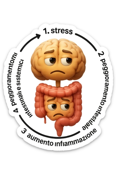 EMOJI STILE IPHONE 3D DI un cerchio con queste scritte che girano intorno in ordine per come li ho scritti "1. stress → 2. peggioramento intestinale → 3. aumento infiammazione → 4. peggioramento sintomi intestinali e sistemici." al centro del cerchio metti un cervello e intestino umani collegati verticalmente con espressione dubbiosa in volto, FALLO MOLTO REALISTICO IN 3D sticker