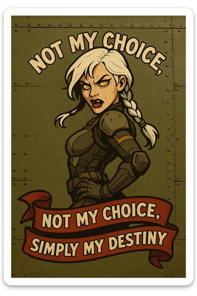 a retro military pinup fuselage decoration for the motto " not my choice, simply my destiny "
; female figure young and gorgeous, white hair 1 braid, gold yellow eyes, spacer, fierce, exo-rogue, menacing yet taunting sticker