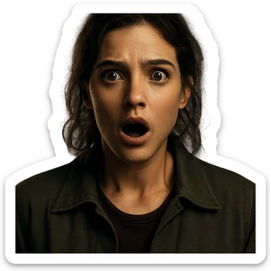 Centered portrait of the same woman with a surprised expression, transparent background, in the style of a Netflix series poster, cinematic and dramatic lighting, realistic and detailed. sticker