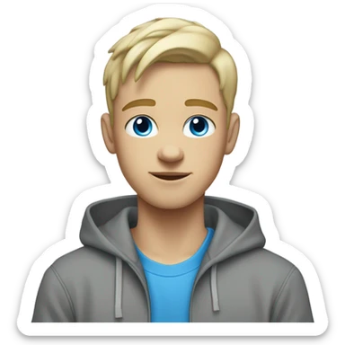 A white teen with a blonde low taper fade and a grey hoodie on with blue eyes sticker