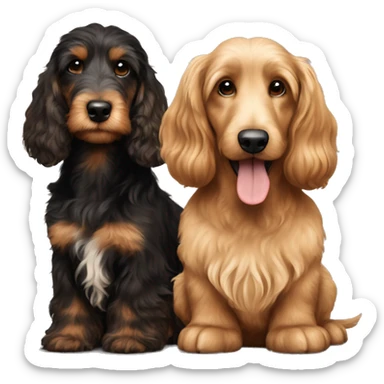 Brown golden doodle and black and tan and cream longhair dachshund sitting together  sticker