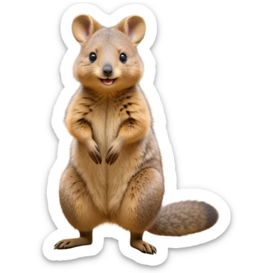 cinematic-quokka wallaby-realistic-full-body-standing on its hind legs hunched over-emoji,-small-round-frame-balanced-on-tiny-strong-hind-legs,giant fluffy cheeks large smile-fluffy-brown-fur-radiating-a-warm-softness,-big-round-eyes-filled-with-joy-and-innocence,-tiny-clawed-paws-held-close-to-chest,-cheerful-smile-exuding-endearing-happiness,-simplified-yet-realistic-focused-features,-highly-detailed,-glowing-with-a-sunny-warmth, skinny tail sticker