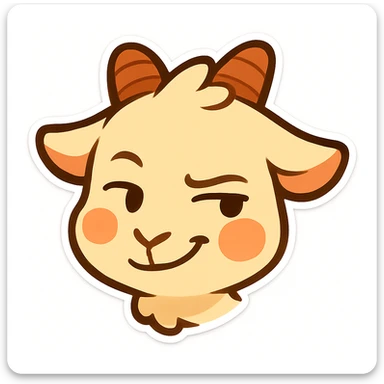 Edit the chibi goat head to look to the side with a little smirk and a mischievous expression, add a slight blush on the cheeks. Keep the simple, clean chibi stickers style and maintain a white background. Designed for a small emote. sticker