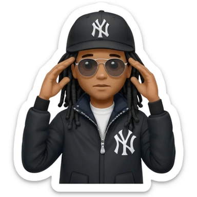 African American man with shoulder length black dreadlocks wearing black sunglasses with black bubble winter coat wearing a New York Yankees baseball hat with his hands on top of head in thinking position sticker