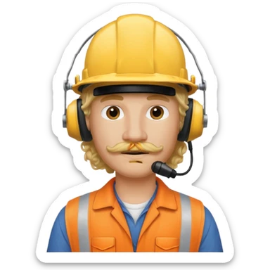 construction worker with blond long curly hair and protective headphones and mustache sticker