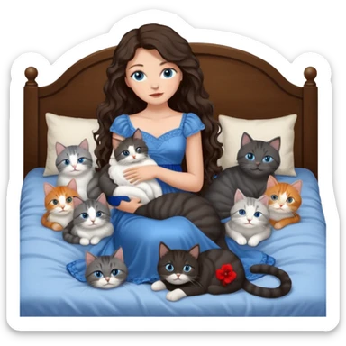detailed realistic looking a dark grey and white cat regally laying with six other cats, cuddling with their owner in bed who is a pretty bratz lightly tanned white girl with long dark brown hair, blue eyes and gorgeous long wavy hair wearing a pretty detailed dress sticker