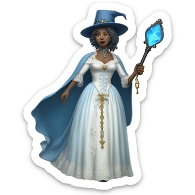 blue witch woman login holding a big key in white victorian dress, full body sticker
