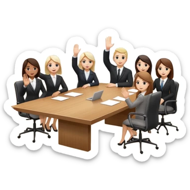 saying goodbye a group of coworkers hand up in meeting room in long rectangular table sticker