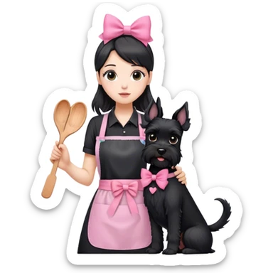 pale girl with long back hair wearing black long shirt wearing apron holding black  schnauzer with pink bow sticker