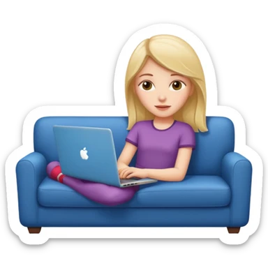 A white girl is lying on a sofa with a laptop sticker