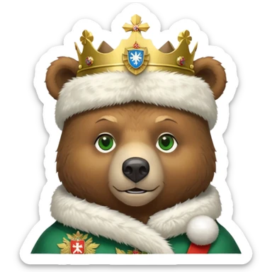 Just the head of a cute brown bear with green eyes, wearing white fur ushanka hat with highly detailed realistic Russian Federation coat of arms, showing double-headed eagle with crowns, scepter, orb and St. George shield, iOS emoji style sticker