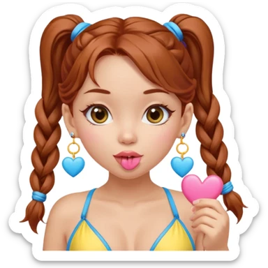 A cute ukrainian girl, looks slightly malaisain with full lips and long auburn hair in two plaited ponytails, has heart earrings in yellow and blue, and is wearing her pink bikini, she is blowing a kiss. sticker