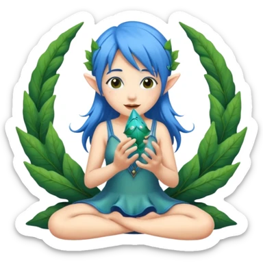 forest fairy woman with blue hair playing leaf-shaped ocarina sticker