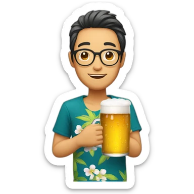 Japanese wearing roundglasses alohashirt is holding beer sticker