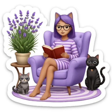 moji illustration, full body woman reading a book on a cozy armchair in a lavender garden, two separate cats next to her (one solid black cat, one brown tabby cat with stripes), small side table with coffee mug, soft peaceful vibe sticker