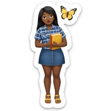 A plus-size Black woman is wearing makeup. She has long, straight black hair and is wearing a short-sleeved flannel shirt with a yellow butterfly print, a denim miniskirt, and sandals. She is standing and holding a book in one hand while extending her forearm upward with the other. sticker