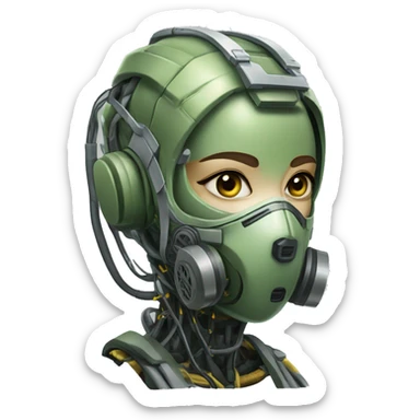 Olive green hair female cyborg head with respirator mask and circuits sticker