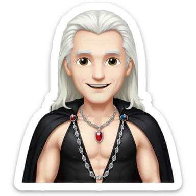 Dracula with long white hair, black sequin baggy pants, shirtless with necklace, black sequin cape sticker
