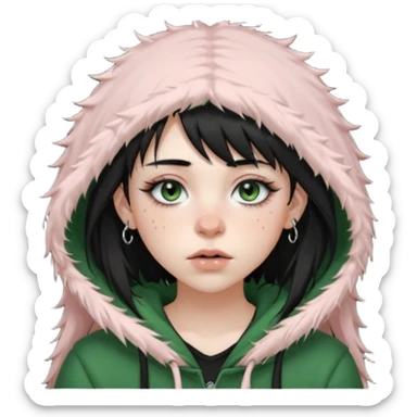 girl with black long layered hair with wispy bangs, pale skin, black t shirt, freckles on nose, dark nude colored lipliner, fluffy lashes, green hooded eyes, black spiky septum ring, eyebrow piercing, blush, thin black eyebrows. sticker
