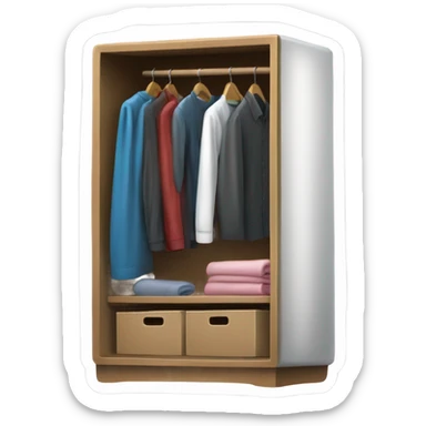 Design an emoji-style icon of an open wardrobe with clothes hanging inside. Include details like a wooden frame, hangers, and only black or white different clothing items such as shirts or any other clothing . Use a clean and minimalistic design. sticker