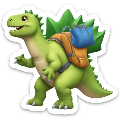 Stegosaurus carrying a backpack and a tote bag sticker