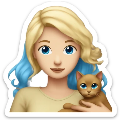 Blonde woman with blue eyes  hugs brown cat  sticker