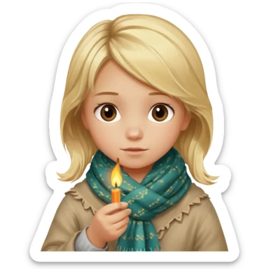 A little girl with messy blonde hair, wrapped in a thin scarf, lighting a match with shaky hands as warm light reflects in her eyes.
 sticker