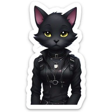 Gorgeous furry dark punk techwear anime style anthro black cat fursona with blushing face aesthetic and pretty edgy black with collar and harness trending style sticker