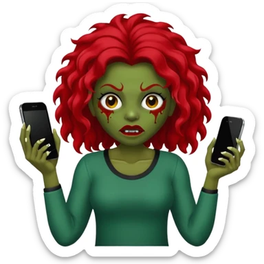 Faça me um emoji de um zumbi mulher de cabelos vermelho escuro longos ondulado usando uma blusa preta, faça no estilo iphone, o tom de pele dela tem que ser verde  sticker