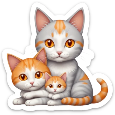 full body of a grey and white cat cuddling a very small + skinny ginger and white kitten with deep orange eyes and triangular shaped face lying down sticker