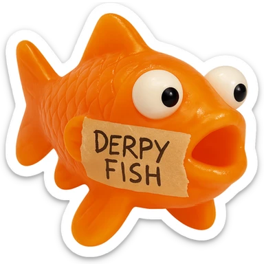 Update the fish color to bright orange #FF8F15 with slight transparency and increased shininess. Add realistic masking tape stuck across the whole side with 'Derpy Fish' written in sloppy sharpie handwriting. Maintain the retro 90's toy look with derpy eyes, soft plastic, soft and squishy texture, some cloudiness, and high detail. The masking tape should look clearly stuck to the fish's body. No background. sticker