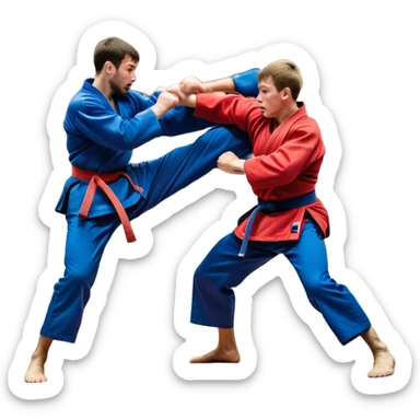 Two SAMBO fighters in blue and red uniforms engage in dynamic grappling and throwing techniques. One executes a powerful throw while the other tries to counter. The scene is set in a sports arena with a competition mat, capturing the intensity and motion of the martial art. Transparent background. sticker