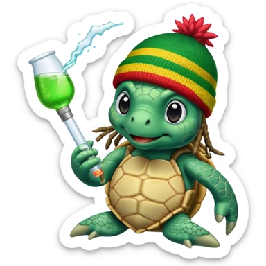 Sea turtle taking a bong rip, wearing a rasta beanie with dreads. sticker