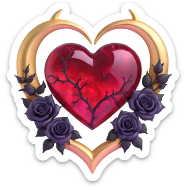 gothic heart made of blood red glass, gold crescent moon, black roses, iridescent stardust, neon pink lightning, wet and cracked glass sticker
