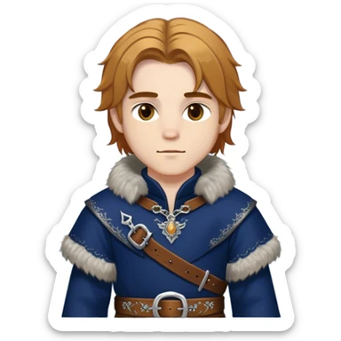 Medieval winter outfit worn by a DnD themed fantasy male character. Midnight blue felted wool tunic with silver fox fur collar, embellished with ornate metal clasps and a thick leather belt with decorative stitching. Clothes only above the waist, full waist coverage. The character has no arms. Character is white-skinned with honey brown hair, amber eyes, and shoulder-length straight hair with winter-weathered ends. sticker